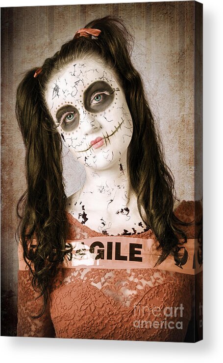Broken Acrylic Print featuring the photograph Sad and ruined sugarskull doll with shattered face by Jorgo Photography