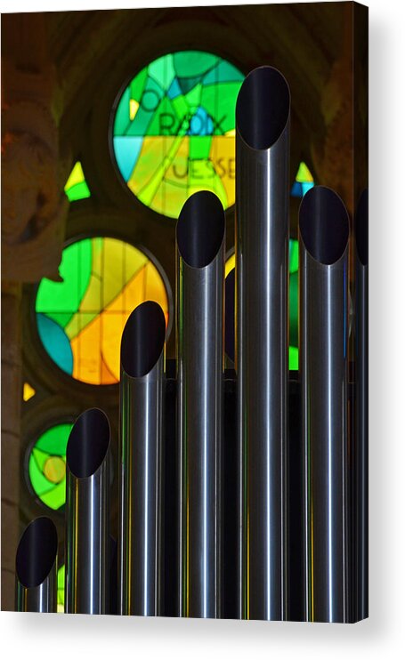 Sagrada Acrylic Print featuring the photograph Sagrada Familia Organ Green Stained Glass Windows by Toby McGuire