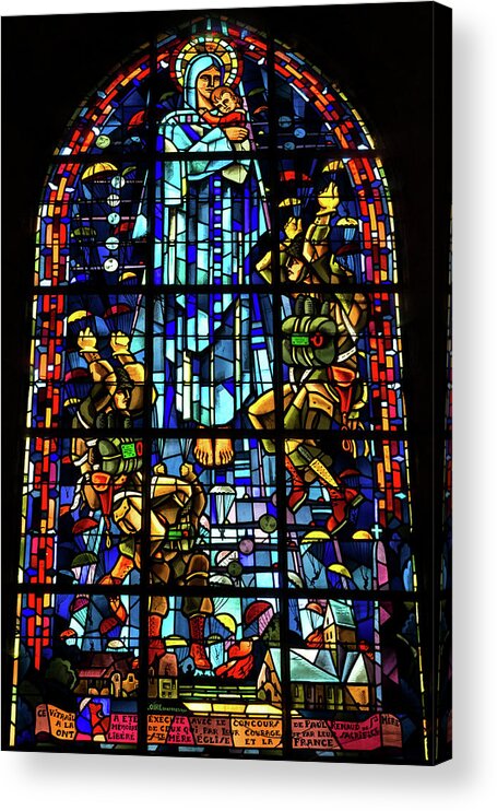 Sainte-mere-eglise Acrylic Print featuring the photograph Sainte-Mere-Eglise Paratrooper Tribute Stained Glass Window by John Daly