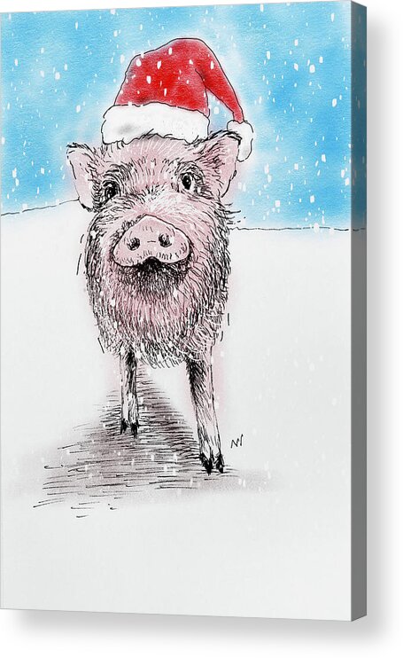 Happy Holidays Acrylic Print featuring the mixed media Santa Piggy by AnneMarie Welsh