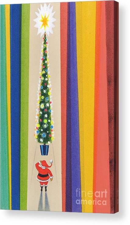 Father Christmas; Santa Claus; Decorations; Decorated; Tall; Star; Baubles; Colourful; Stripes; Seasonal; Naive Acrylic Print featuring the painting Santa's Christmas Tree by Stanley Cooke