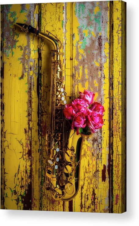 Sax Acrylic Print featuring the photograph Saxophone And Roses On Wall by Garry Gay