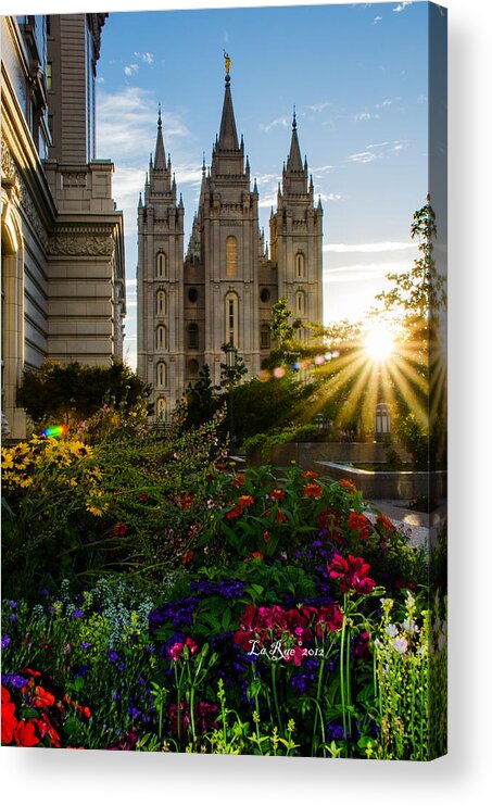 Mormon Temple Photography Acrylic Print featuring the photograph SLC Temple Sunburst by La Rae Roberts
