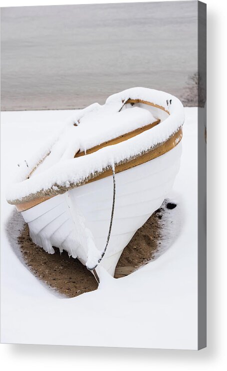 Snow Dory Boat Row Rowboat Wooden Acrylic Print featuring the photograph Snow Dory by Steve Myrick