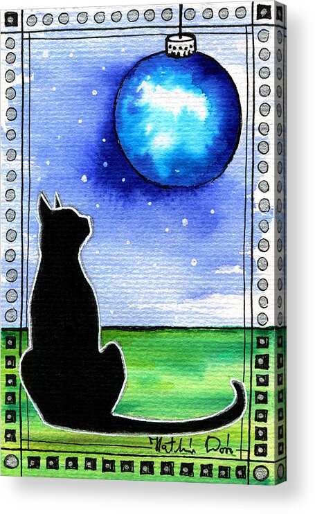 Sparkling Blue Bauble Acrylic Print featuring the painting Sparkling Blue Bauble - Christmas Cat by Dora Hathazi Mendes
