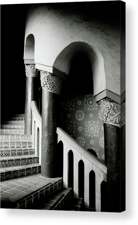Stairs Acrylic Print featuring the mixed media Santa Barbara Spiral Stairs- Black and White Photo by Linda Woods by Linda Woods