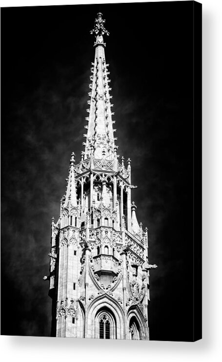 Steeple Acrylic Print featuring the photograph Steeple Matthias Church Budapest black and white by Matthias Hauser