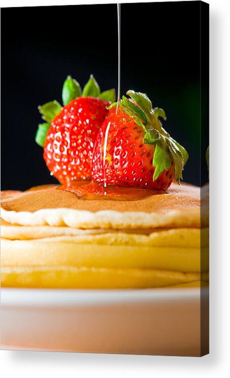 Berries Acrylic Print featuring the photograph Strawberry butter pancake with honey maple sirup flowing down by U Schade