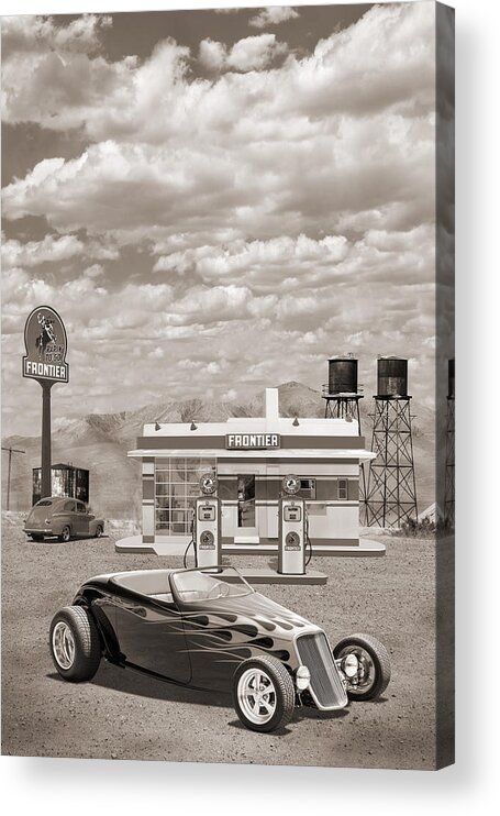 Street Rods Acrylic Print featuring the photograph Street Rod At Frontier Station Sepia by Mike McGlothlen