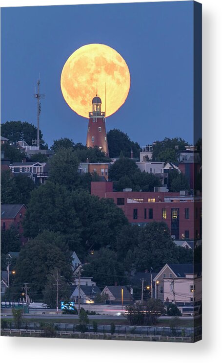 Maine Acrylic Print featuring the photograph Sturgeon Moon over Portland Observatory by Colin Chase