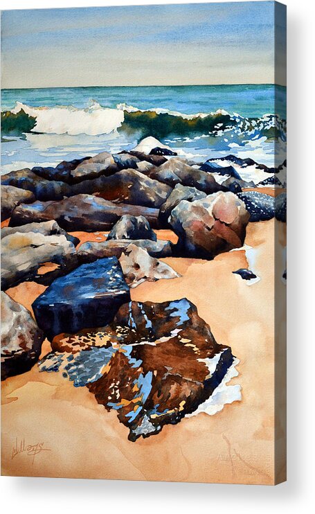 Beach Acrylic Print featuring the painting Surf on the Jetty by Mick Williams