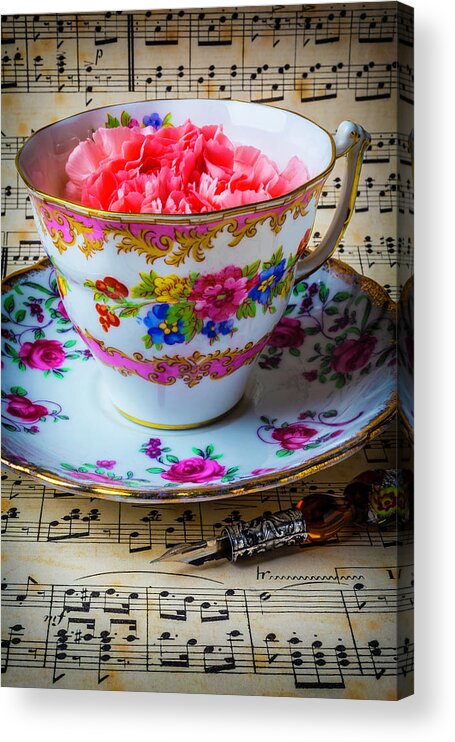 Flower Acrylic Print featuring the photograph Tea Cup And Sheet Music by Garry Gay