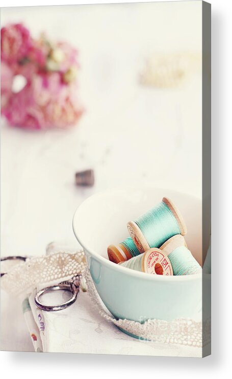 Vintage Acrylic Print featuring the photograph Teacup Full of Vintage Spools of Thread by Stephanie Frey
