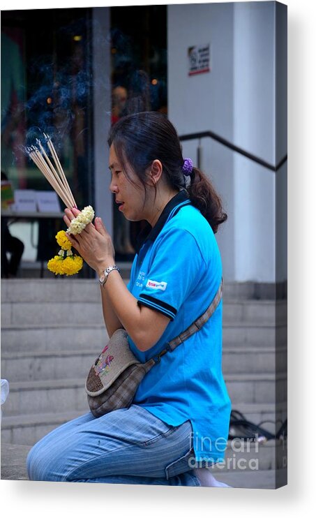 Woman Acrylic Print featuring the photograph Thai woman worships and prays at outdoor shrine altar Bangkok Thailand by Imran Ahmed