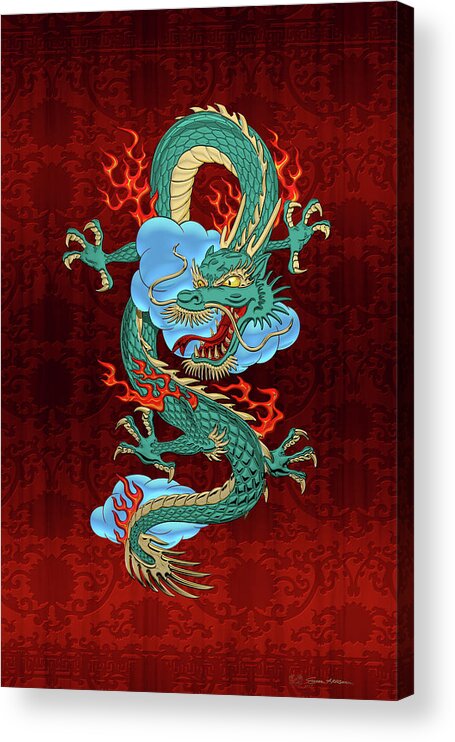 'treasures Of China' Collection By Serge Averbukh Acrylic Print featuring the digital art The Great Dragon Spirits - Turquoise Dragon on Red Silk by Serge Averbukh