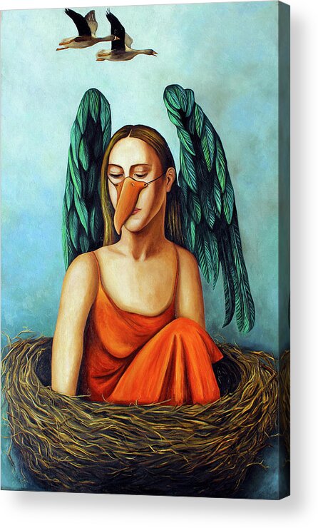 Bird.geese.mask Acrylic Print featuring the painting The Pretender by Leah Saulnier The Painting Maniac