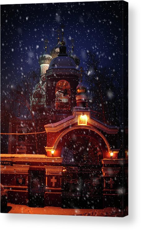 Jenny Rainbow Fine Art Photography Acrylic Print featuring the photograph Tikhvin Church Gates. Snowy Days in Moscow by Jenny Rainbow