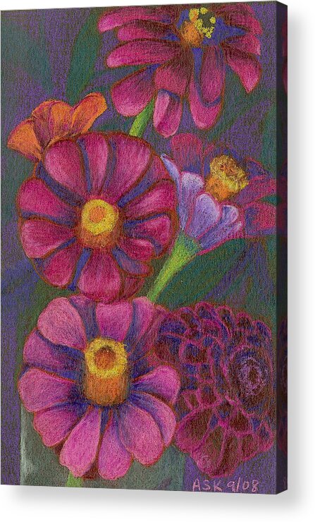 Flowers Acrylic Print featuring the drawing Top Hat Zinnias by Anne Katzeff