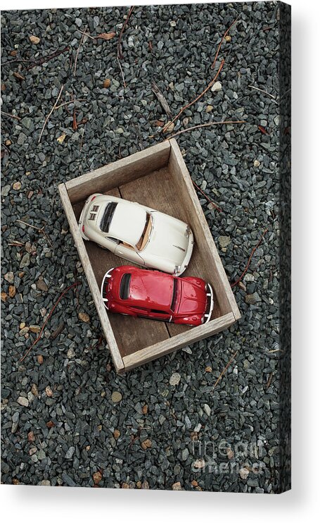 Still Life Acrylic Print featuring the photograph Toy cars in wooden box by Edward Fielding