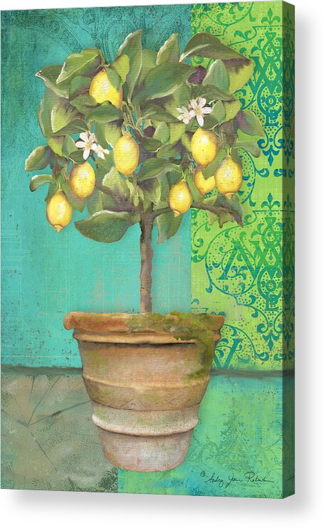 Tuscan Acrylic Print featuring the painting Tuscan Lemon Topiary - Damask Pattern 1 by Audrey Jeanne Roberts