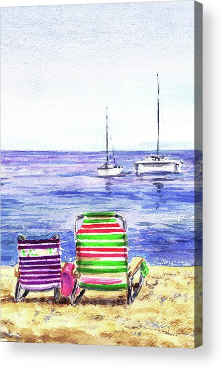 Beaches Acrylic Print featuring the painting Two Happy Chairs On The Beach by Irina Sztukowski