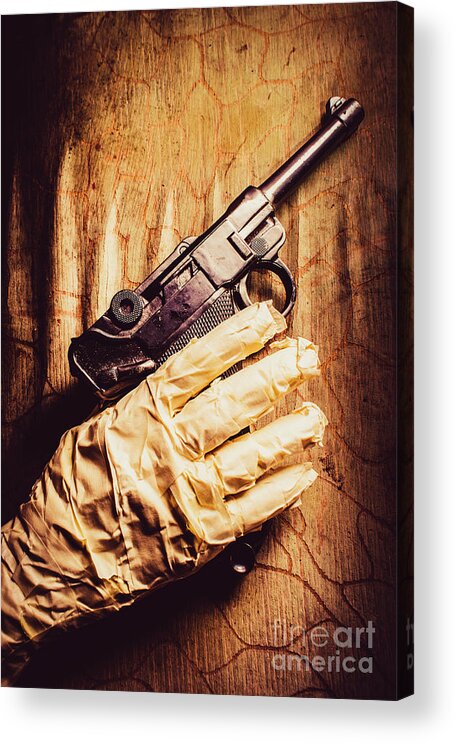 Curse Acrylic Print featuring the photograph Undead Mummy Holding Handgun Against Wooden Wall by Jorgo Photography