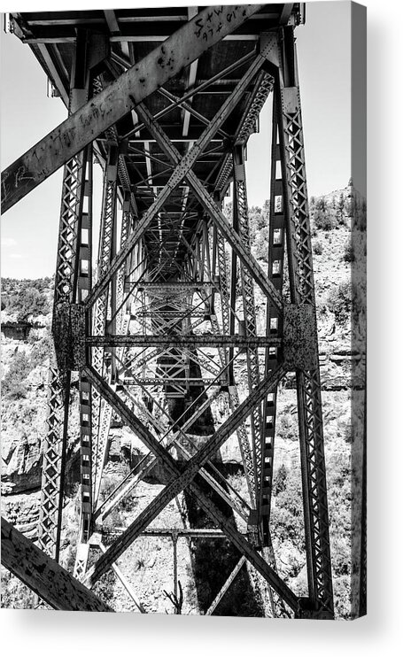 Bridge Sedona Sliderock Pineflat Campground Forest Black And White Steel Arch Structure Acrylic Print featuring the photograph Under the Bridge by Longship Photography