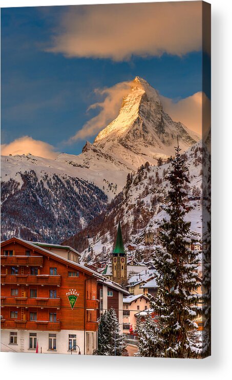 Furggletscher Acrylic Print featuring the photograph Village of Zermatt with Matterhorn by Brenda Jacobs