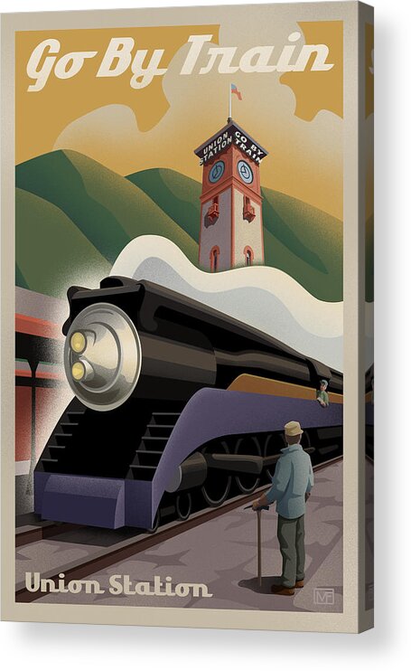 #faatoppicks Acrylic Print featuring the digital art Vintage Union Station Train Poster by Mitch Frey