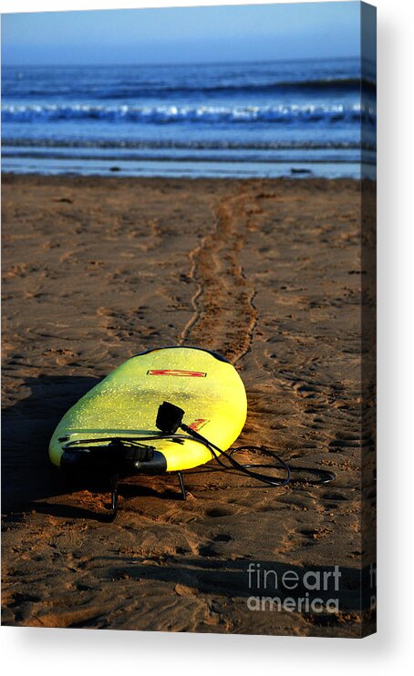 Surf Board Surfing Beach Yellow Waves Sea Horizon Tether Acrylic Print featuring the photograph Waiting for the Big One by Richard Gibb