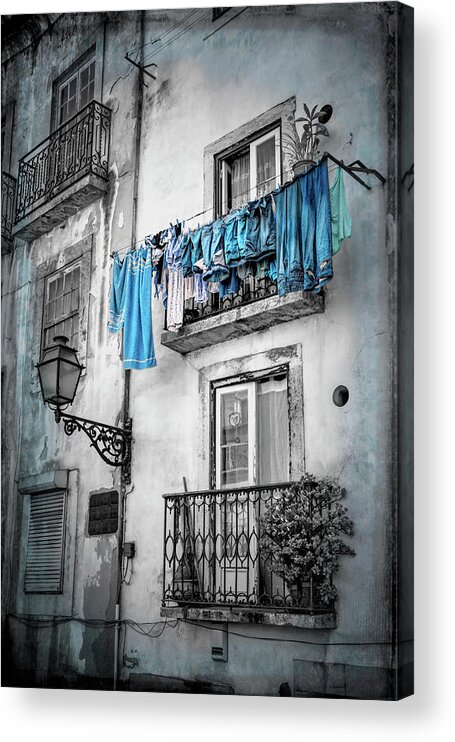 Lisbon Acrylic Print featuring the photograph Washday Blues in Lisbon Portugal Black and White by Carol Japp