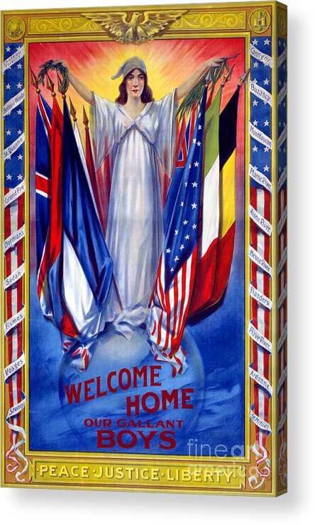 Woman Acrylic Print featuring the painting Welcome home our gallant boys Poster 1918 Restored by Vintage Treasure
