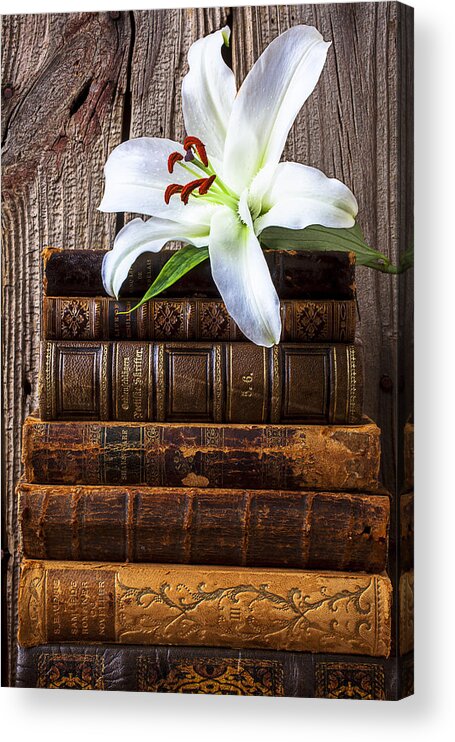 White Lily Acrylic Print featuring the photograph White lily on antique books by Garry Gay