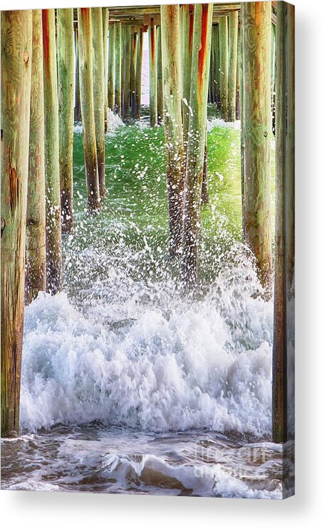 Pier Acrylic Print featuring the photograph Wild Waves Under the Boardwalk by Elizabeth Dow