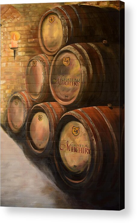 Hungarian Wine Barrels Acrylic Print featuring the painting Wine in the Barrels - Chateau Meichtry by Jan Dappen
