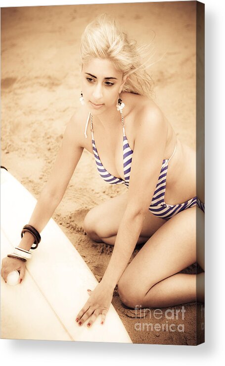 Surf Acrylic Print featuring the photograph Woman Waxing Surfboard by Jorgo Photography