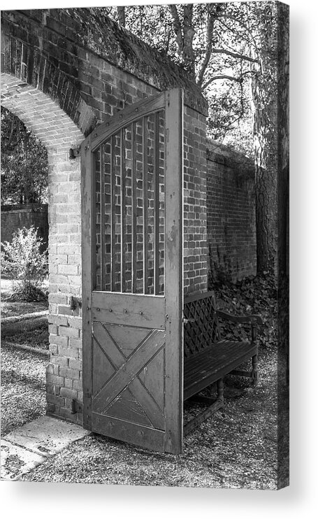 Colonial Williamsburg Acrylic Print featuring the photograph Wooden Garden Door B W by Teresa Mucha