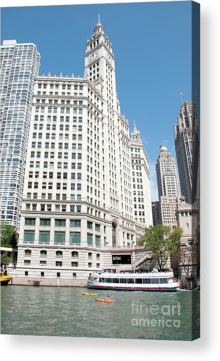 Boats Acrylic Print featuring the photograph Wrigley Building Overlooking the Chicago River by David Levin