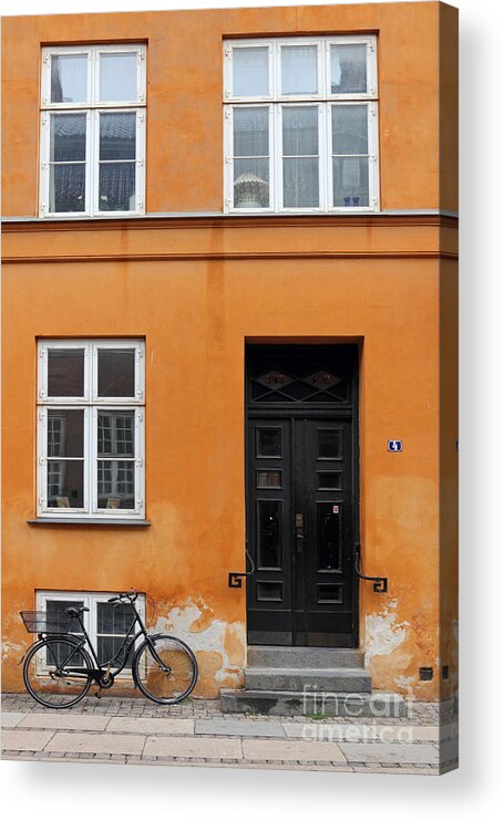 Copenhagen Denmark Yellow House Bike Orange Acrylic Print featuring the photograph The Orange House Copenhagen Denmark by Julia Gavin