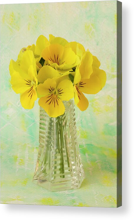 Yellow Pansies Acrylic Print featuring the photograph Yellow Pansies In Vase by Sandra Foster