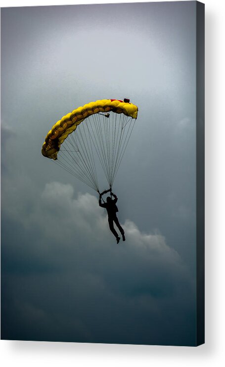 Skydiving Acrylic Print featuring the photograph Yellow Parachute Over The Clouds by Andreas Berthold