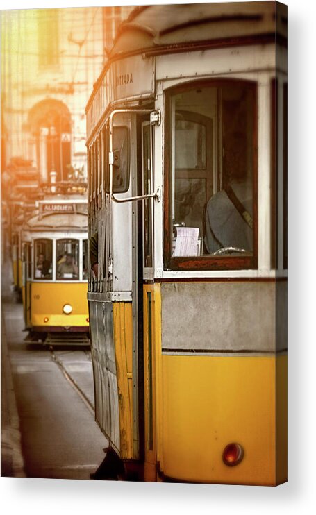 Lisbon Acrylic Print featuring the photograph Yellow Trams of Lisbon Portugal by Carol Japp