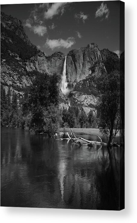 Yosemite Falls From Swinging Bridge Acrylic Print featuring the photograph Yosemite Falls from Swinging Bridge in Black and White by Raymond Salani III