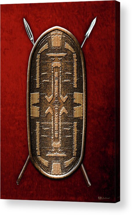 'war Shields' Collection By Serge Averbukh Acrylic Print featuring the digital art Zande War Shield with Spears on Red Velvet by Serge Averbukh