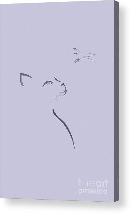 Cat Acrylic Print featuring the photograph Zen style illustration of a cat looking up at a dragonfly artist by Awen Fine Art Prints