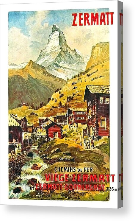 Zermatt Acrylic Print featuring the painting Zermatt, landscape, Switzerland, travel poster by Long Shot