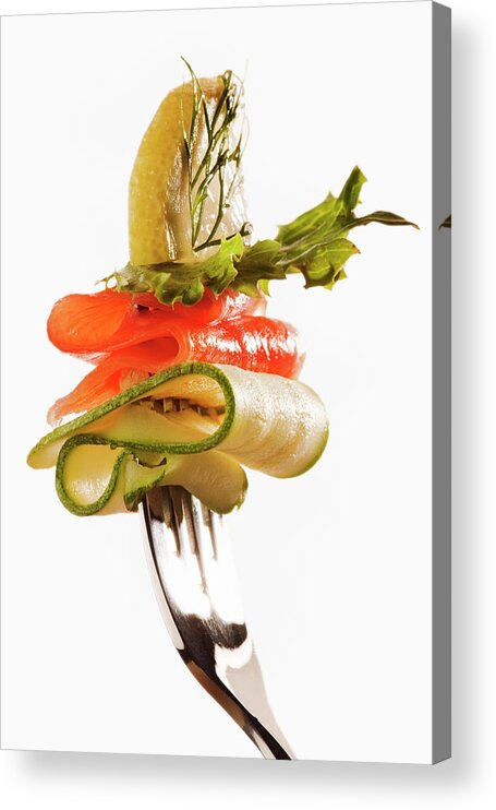 White Background Acrylic Print featuring the photograph Healthy Salmon Salad On A Fork #1 by Martin Harvey