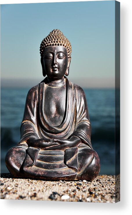 Water's Edge Acrylic Print featuring the photograph Japanese Buddha Statue At Ocean Shore #1 by Wesvandinter