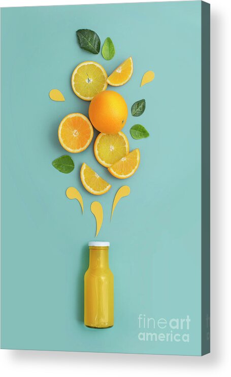 Vitamin C Acrylic Print featuring the photograph Orange Fruits And Juice In Bottle #1 by Twomeows