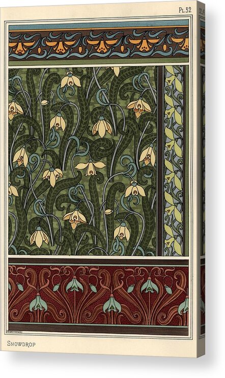 1841-1917 Acrylic Print featuring the drawing Snowdrop, Galanthus nivalis, as design motif in wallpaper, borders and fabrics. #1 by Album